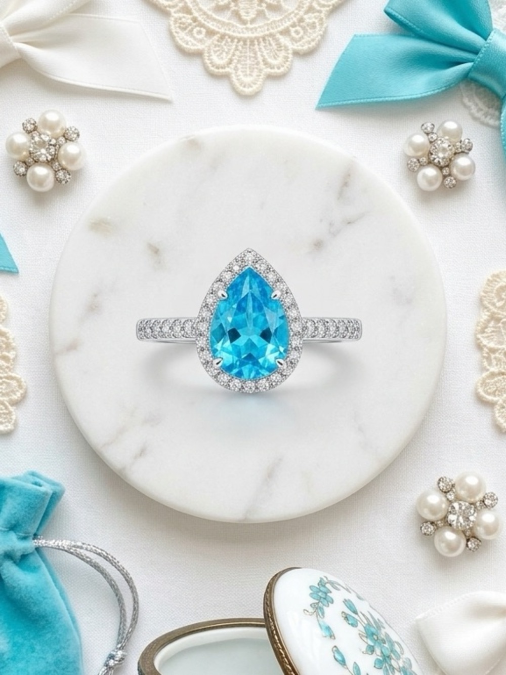 Sparkling Topaz Blue Pear Halo Ring 925 Silver Soft Girl Coquette Feminine Glam